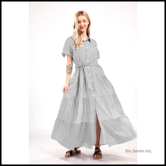 Casual Short Sleeve Button Down Tie Waist Ruffled Maxi Shirt Dress - Picture 2 of 7